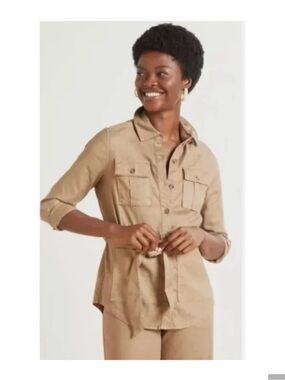 Level 99 Tan Utility Shirt Jacket with Self-Tie Waist
